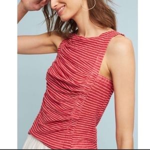 Anthropologie Deletta Red Linen Striped Ruched Top